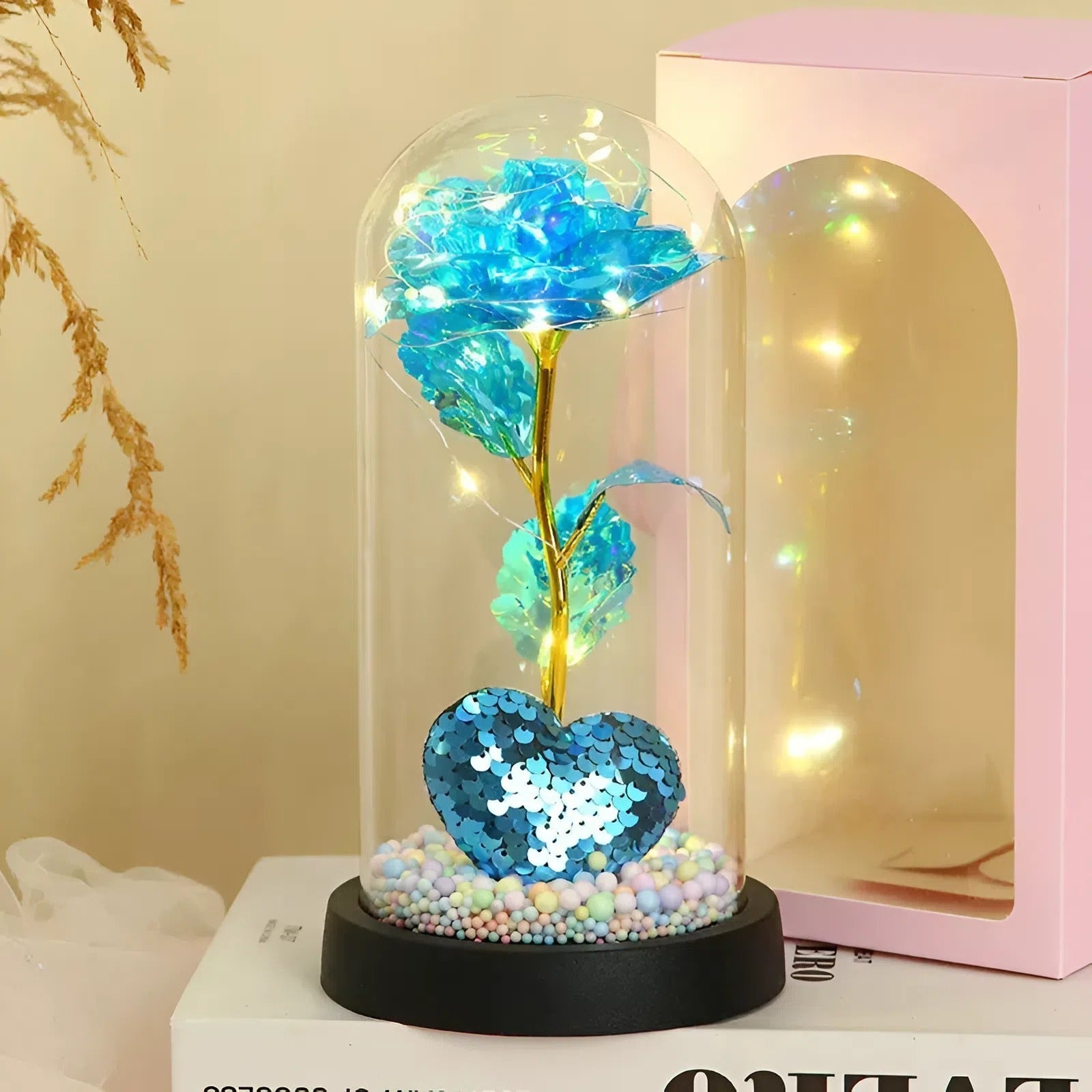 Enchanted Galaxy Rose – Sparkling Sequin Heart & LED Glass Dome