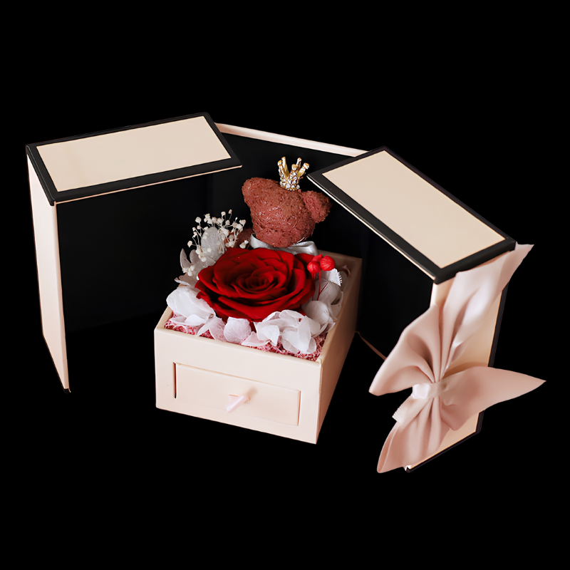 Eternal Preserved Rose Jewelry Box with Crown Teddy Bear – Meaningful Gift for Love & Family