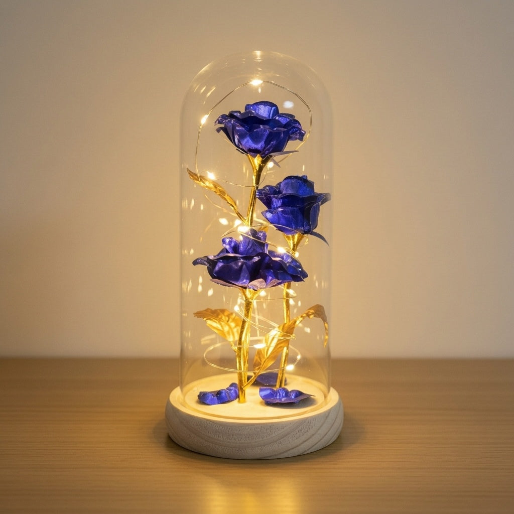 Handcrafted Forever Rose Lamp with Natural Wood Base & Glass Cloche