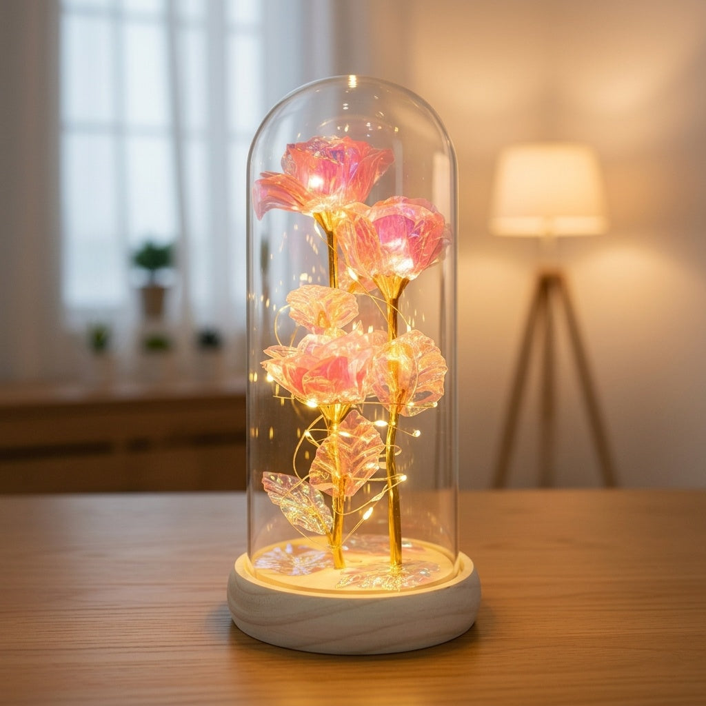 Handcrafted Forever Rose Lamp with Natural Wood Base & Glass Cloche