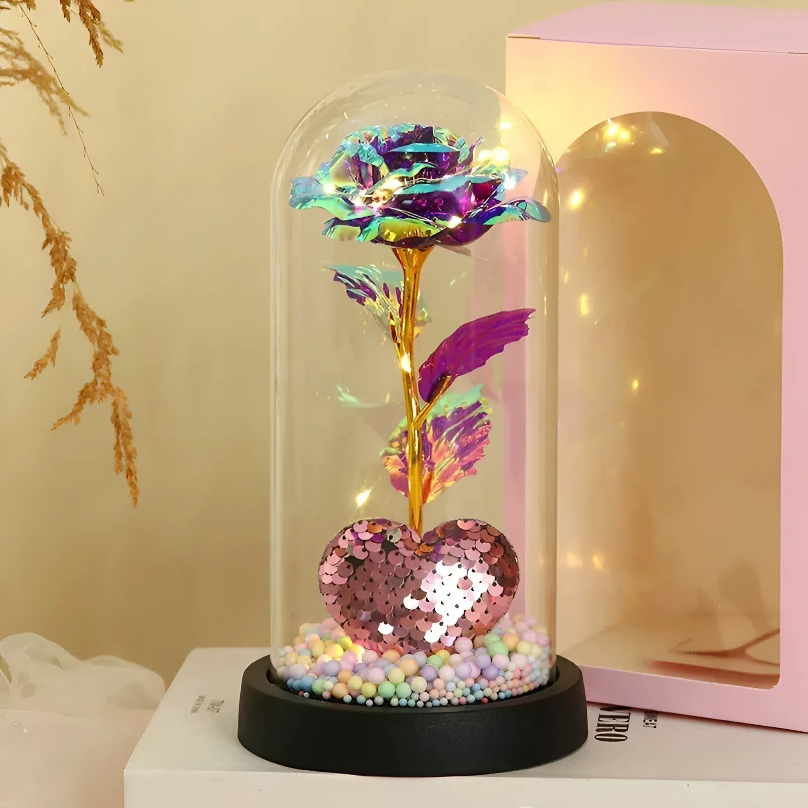 Enchanted Galaxy Rose – Sparkling Sequin Heart & LED Glass Dome