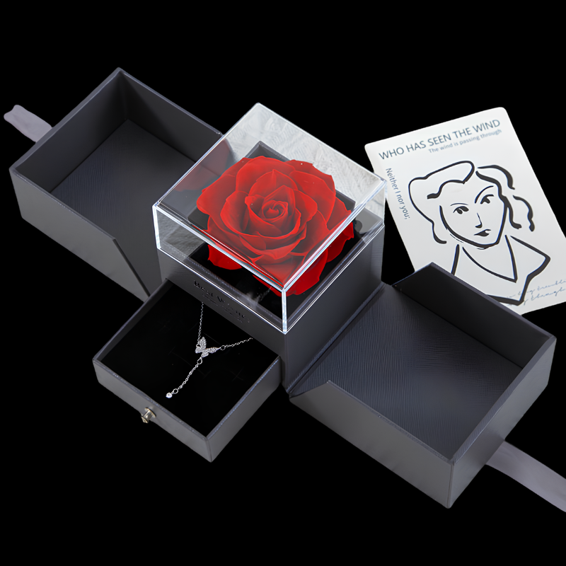 Eternal Preserved Rose Jewelry Gift Box – "Best Wishes" Double-Reveal Edition with Hidden Drawer